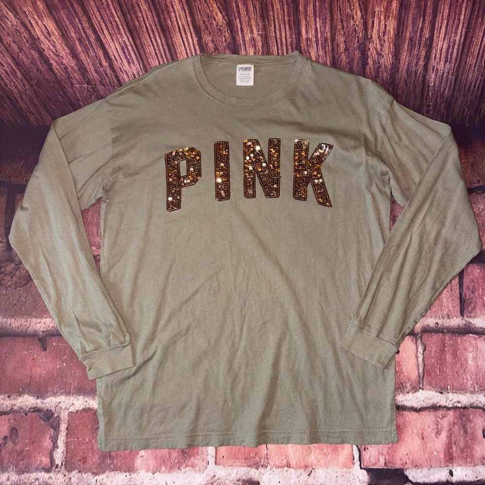VS PINK Bling Campus Tee Army Green Gold Sequins Small Oversized